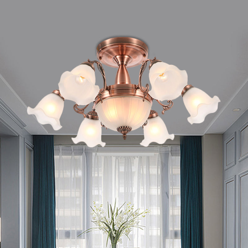 8 lampen Bloem Semi Montage Verlichtingsstijl Landelijke stijl Bronze/messing/koperen Melkglas dicht bij plafondlamp met schuifarm