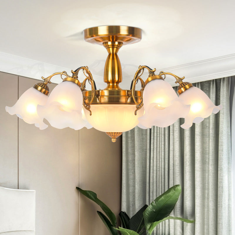 8 lampen Bloem Semi Montage Verlichtingsstijl Landelijke stijl Bronze/messing/koperen Melkglas dicht bij plafondlamp met schuifarm