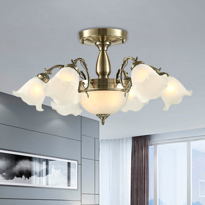 8 lampen Bloem Semi Montage Verlichtingsstijl Landelijke stijl Bronze/messing/koperen Melkglas dicht bij plafondlamp met schuifarm