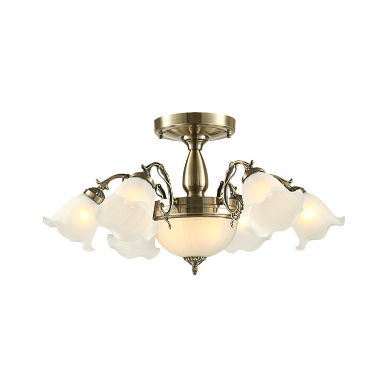 8 lampen Bloem Semi Montage Verlichtingsstijl Landelijke stijl Bronze/messing/koperen Melkglas dicht bij plafondlamp met schuifarm