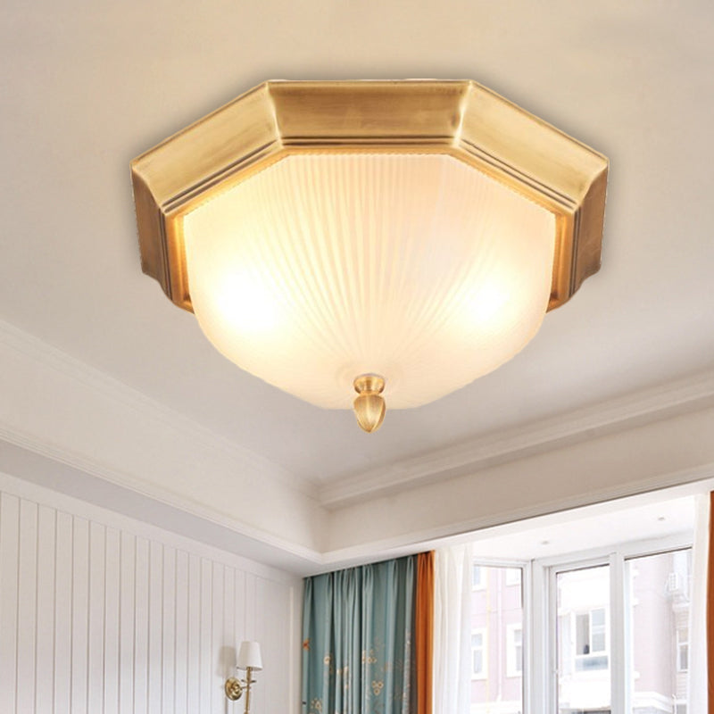 Classic Style Domed Ceiling Light 2 Bulbs Fluted Glass Flush Mount Lighting in Black and Gold/Brass