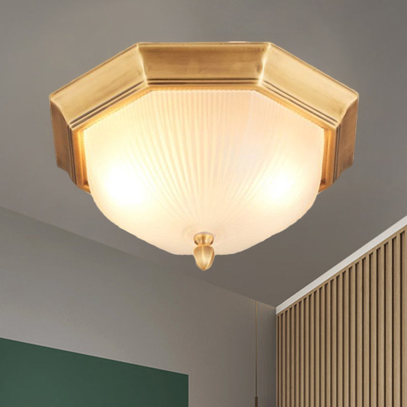 Classic Style Domed Ceiling Light 2 Bulbs Fluted Glass Flush Mount Lighting in Black and Gold/Brass