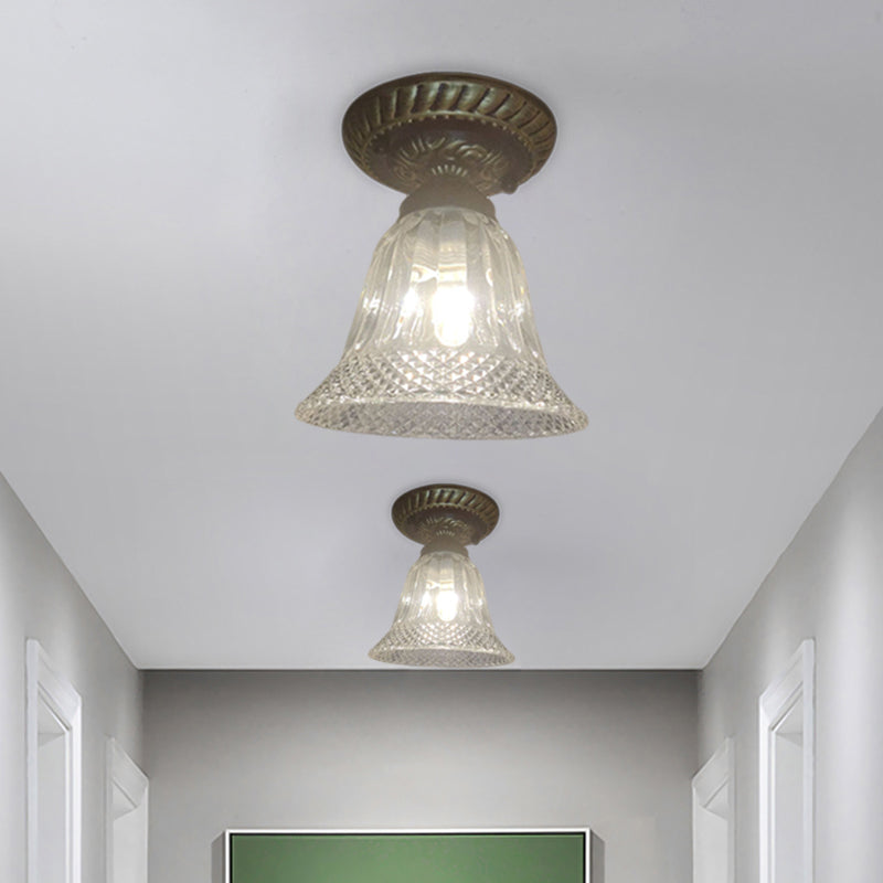 1-Bulb Bell Shape Ceiling Lighting Farmhouse Black Clear Prismatic Glass Flush Mount Fixture