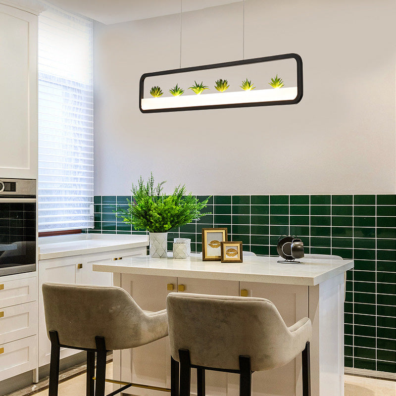 Metall rechteckige Kronleuchter Moderne LED 27,5 "breite Decke hing Licht in Weiß/Schwarz mit künstlicher Pflanze, Weiß/warmes Licht