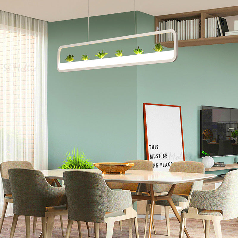 Metall rechteckige Kronleuchter Moderne LED 27,5 "breite Decke hing Licht in Weiß/Schwarz mit künstlicher Pflanze, Weiß/warmes Licht