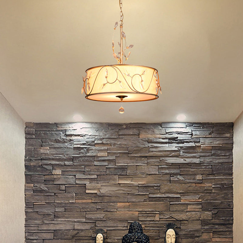 Cage de tambour métallique Lumière suspendue Vintage Multi Light Light Light avec Crystal Deco and Fabric Shade en blanc