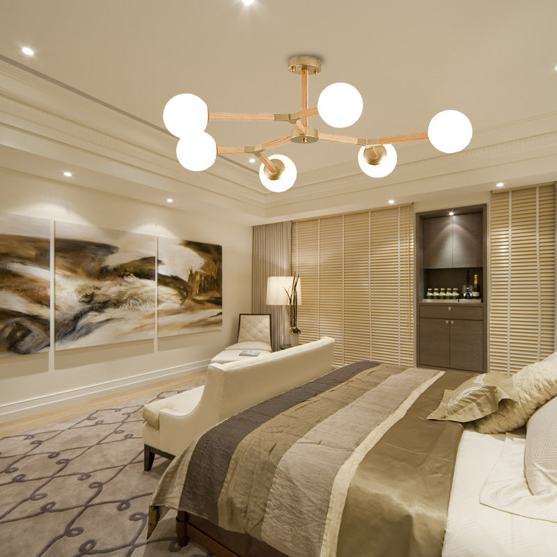 Weiß/schwarz/goldener Zweig Kronleuchter Beleuchtung zeitgenössischer 3/6/9 Lichter Holzhänge Deckenlampe mit weißem Glas Globaler Schatten