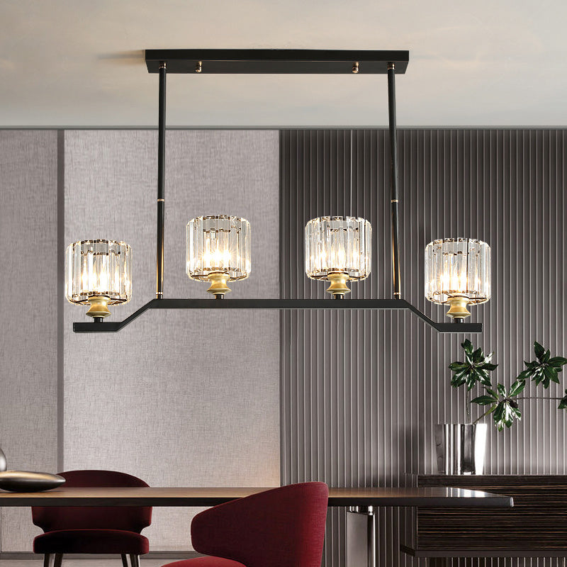 Clear Crystal Cylinder Island Pendant Light Modern 3/4 Lights Island Lighting in Black for Indoor