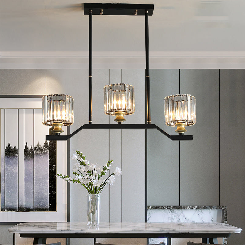 Clear Crystal Cylinder Island Pendant Light Modern 3/4 Lights Island Lighting in Black for Indoor