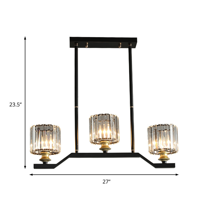 Clear Crystal Cylinder Island Pendant Light Modern 3/4 Lights Island Lighting in Black for Indoor