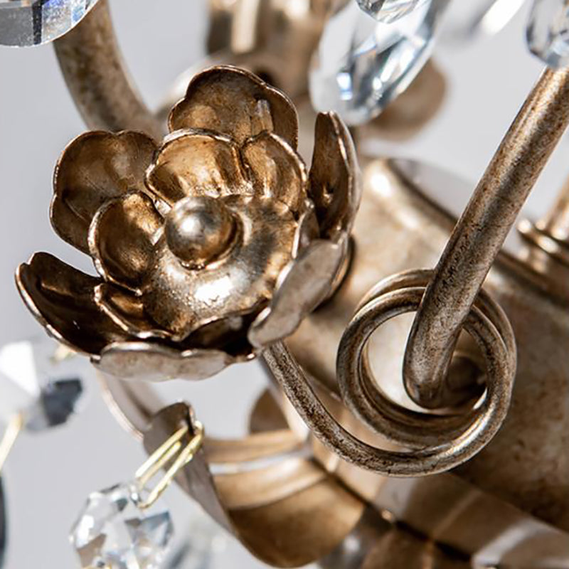 Chandelier en cage en cage en fer clair de fer 3 têtes suspendues avec cristal et déco de feuilles en rouille foncée