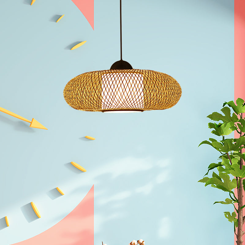 Schwarz/Holzkreuz gewebt Hanges Anhänger Licht mit Drum Shade zeitgenössischer 1 Kopf Bambus Hanging Lampe