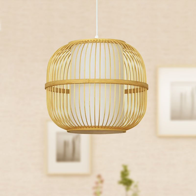 BEIGE Oblungo Sofiling Oblungo Stile contemporaneo Lampada a ciondolo di bambù a 1 luce con tonalità cilindrica interna