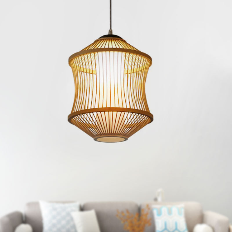 1 Head Restaurant Ceiling Lamp with Cylinder Bamboo Shade Asian Style Beige Hanging Light Fixture