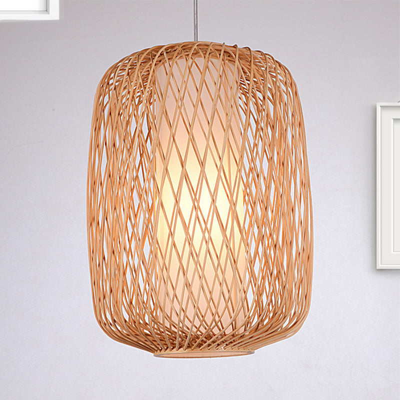 Asian Stylish Hand-Knitted Hanging Lighting with Cylinder Shade Bamboo 1 Light Living Room Pendant Lamp in Beige