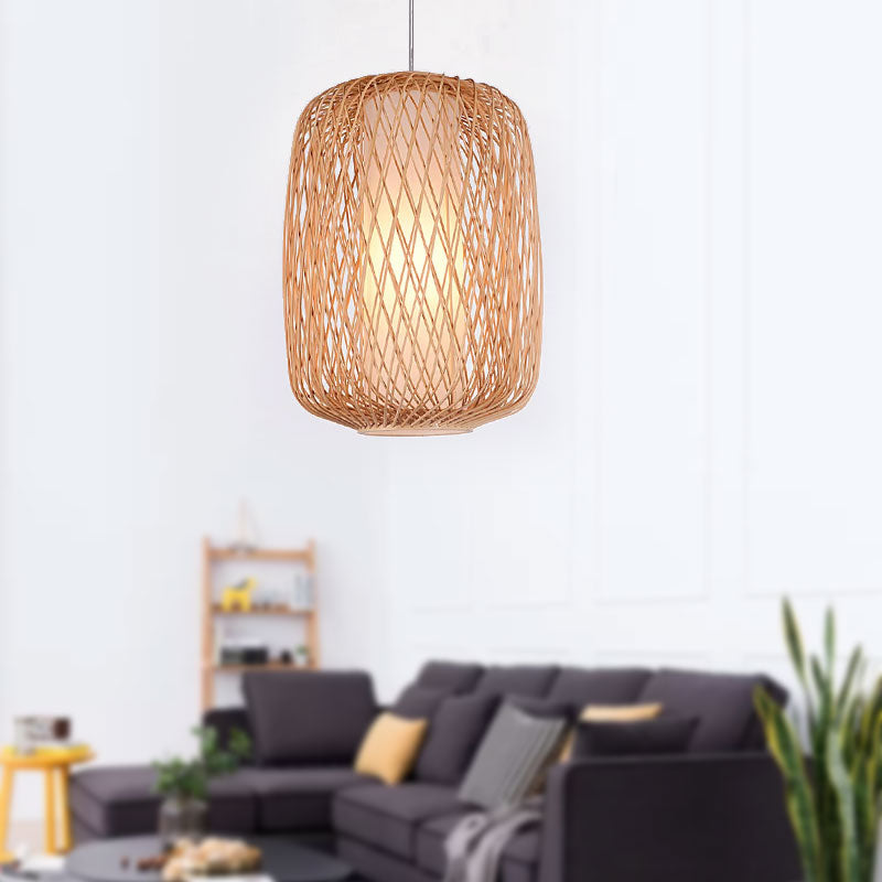 Asian Stylish Hand-Knitted Hanging Lighting with Cylinder Shade Bamboo 1 Light Living Room Pendant Lamp in Beige