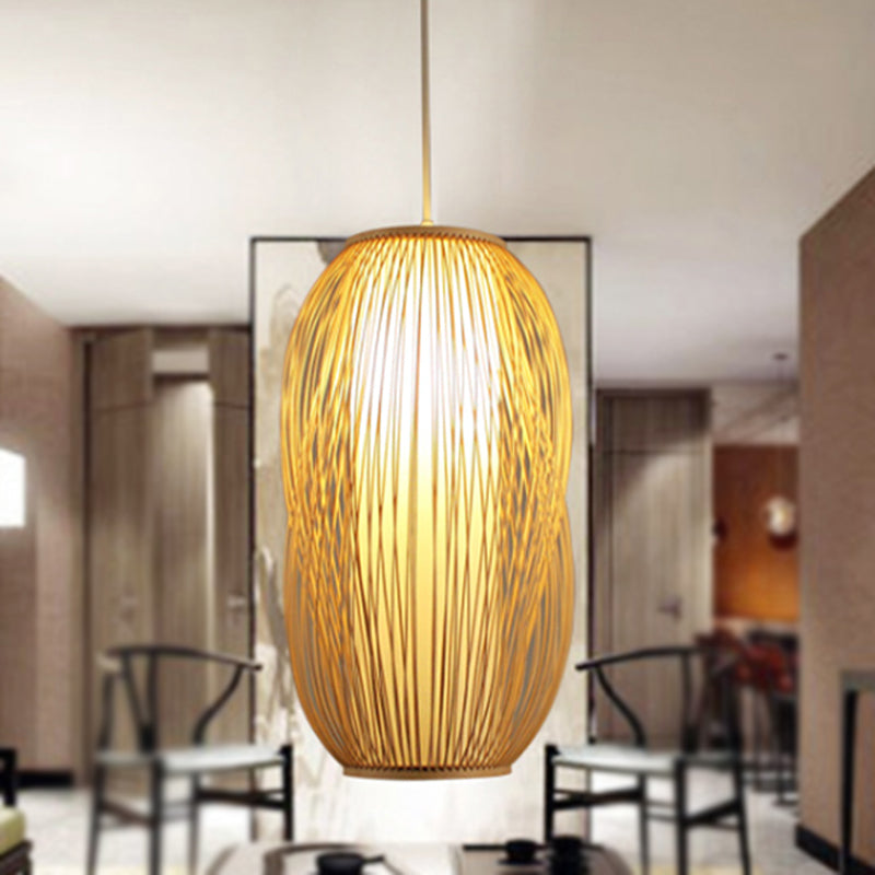 Beige Woven Shade Hanging Pendant Light Modernism 1 Light Bamboo Pendant Lighting for Living Room, 7.5"/9" W