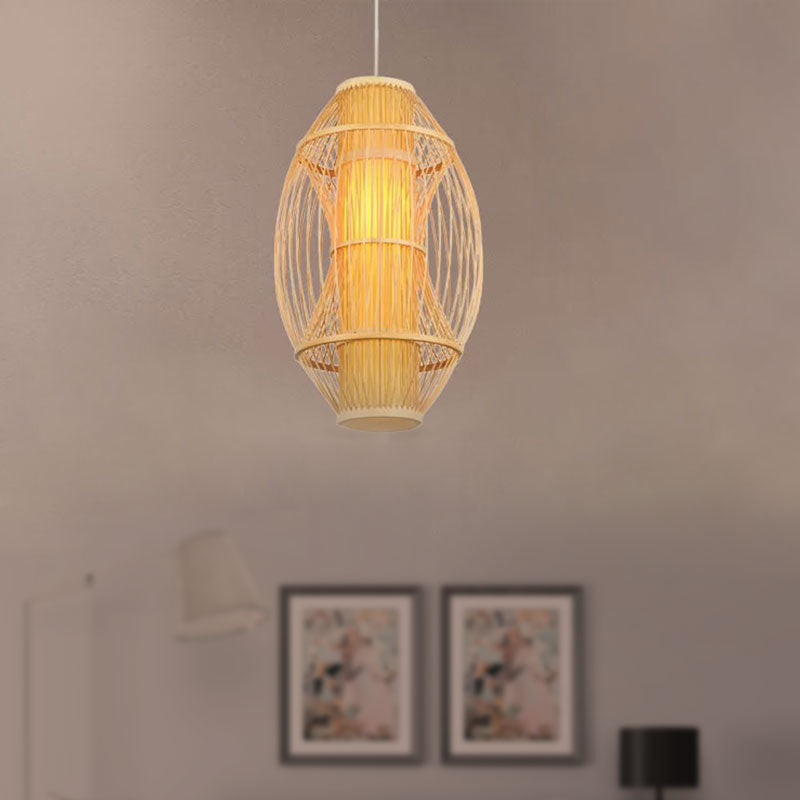 Beige oblong Shade suspendue pendante lumière contemporain 1 tête bambou lampe pour la cuisine