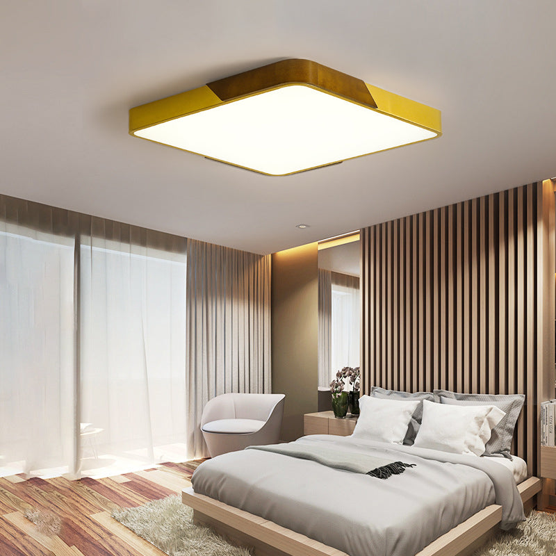 Gold Metal and Wood Flush Ceiling Mount Lamp with Square/Rectangular Acrylic Diffuser Modern LED Ceiling Flush Mount for Bedroom in Warm/White/Neutral, 16"/19.5"/25.5" W