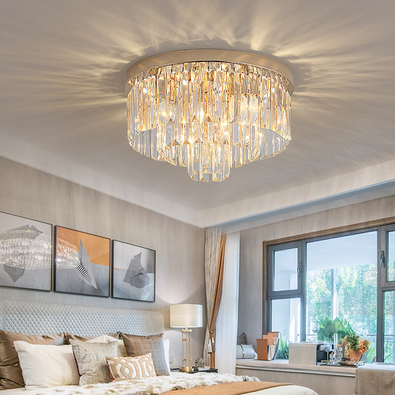 LED Multi Tier Flush Ceiling Light with Clear Crystal Block Vintage Ceiling Lamp in Gold for Bedroom
