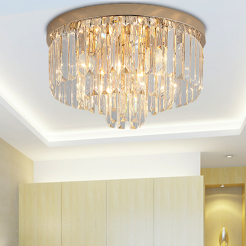 LED Multi Tier Flush Ceiling Light with Clear Crystal Block Vintage Ceiling Lamp in Gold for Bedroom