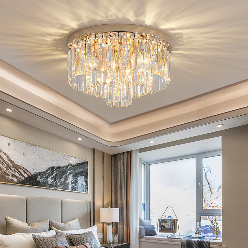 LED Multi Tier Flush Ceiling Light with Clear Crystal Block Vintage Ceiling Lamp in Gold for Bedroom