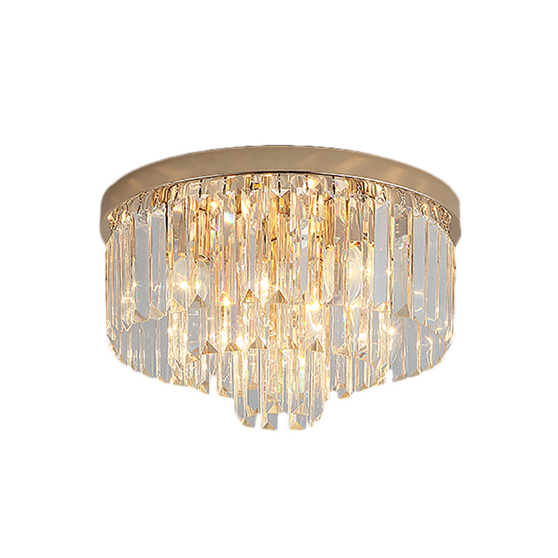 LED Multi Tier Flush Ceiling Light with Clear Crystal Block Vintage Ceiling Lamp in Gold for Bedroom