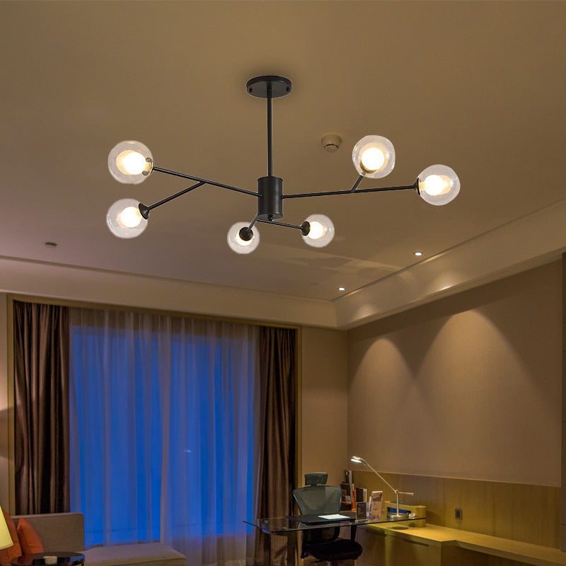Globe Clear Glass Chandelier Lamp Contemporary 6/9 Lights Black/Gold Hanging Ceiling Light Fixture with Starburst Design