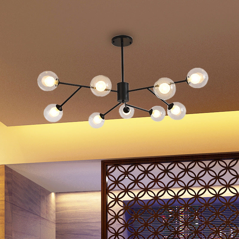 Globe Clear Glass Chandelier Lamp Contemporary 6/9 Lights Black/Gold Hanging Ceiling Light Fixture with Starburst Design