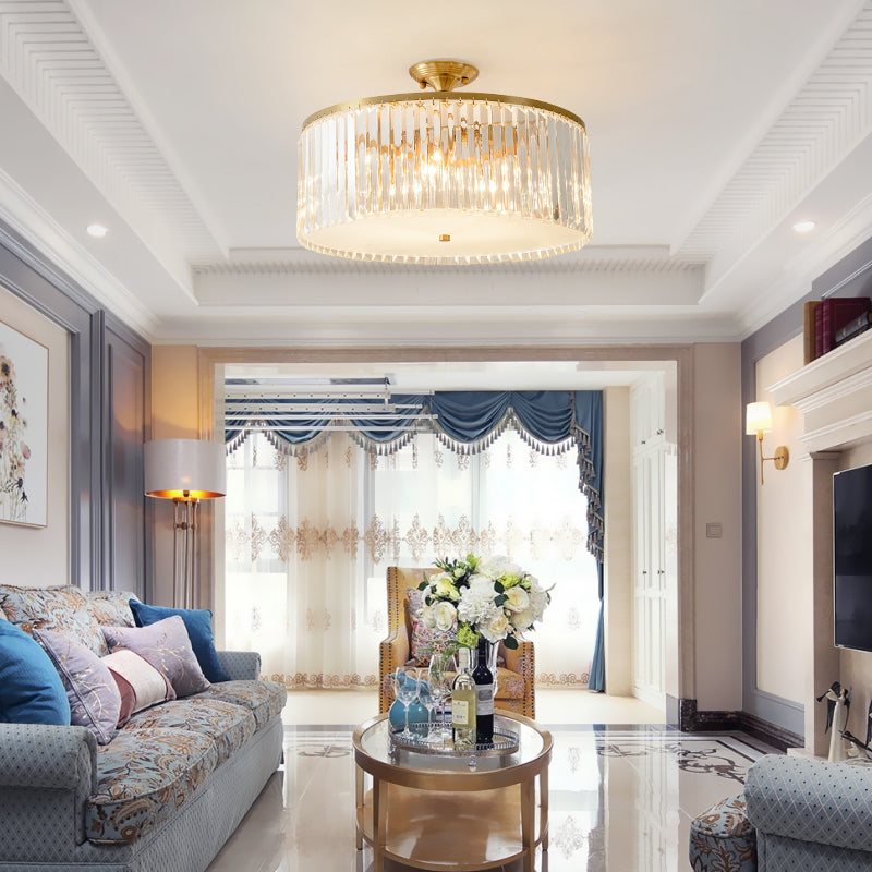 4/5/6 Bulbs Drum Semi Flush Ceiling Light Modern Clear Crystal Ceiling Lamp in Gold for Living Room