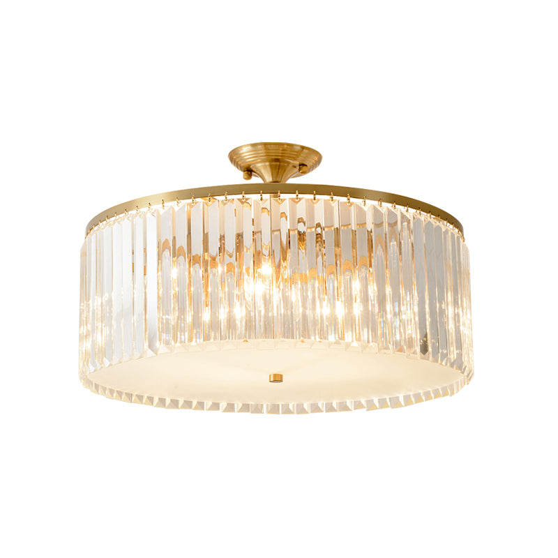 4/5/6 Bulbs Drum Semi Flush Ceiling Light Modern Clear Crystal Ceiling Lamp in Gold for Living Room