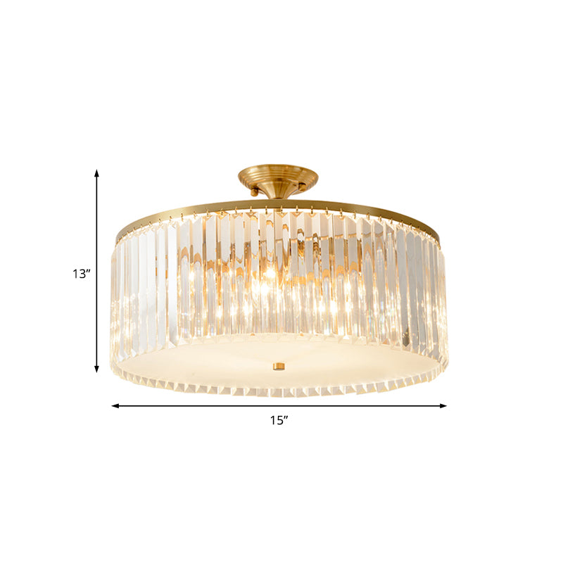 4/5/6 Bulbs Drum Semi Flush Ceiling Light Modern Clear Crystal Ceiling Lamp in Gold for Living Room