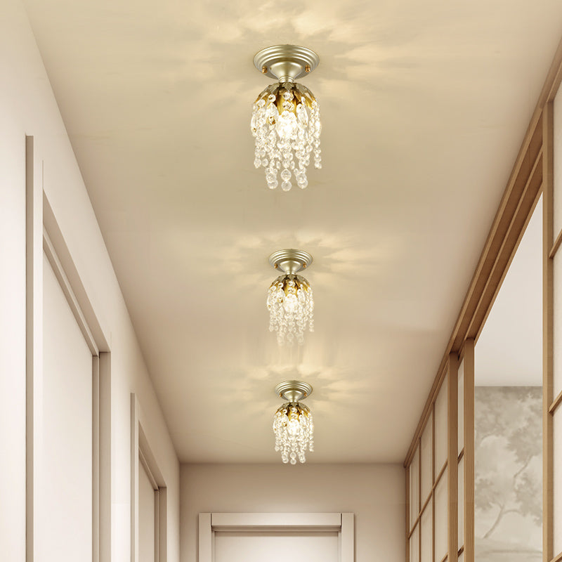 Brass Finish Mini Ceiling Light Modern Metal 1 Light Semi-Flush Light with Crystal Bead for Corridor
