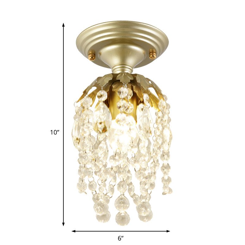 Mini lámpara de techo con acabado de latón, lámpara semiempotrada de 1 luz de metal moderno con cuentas de cristal para pasillo