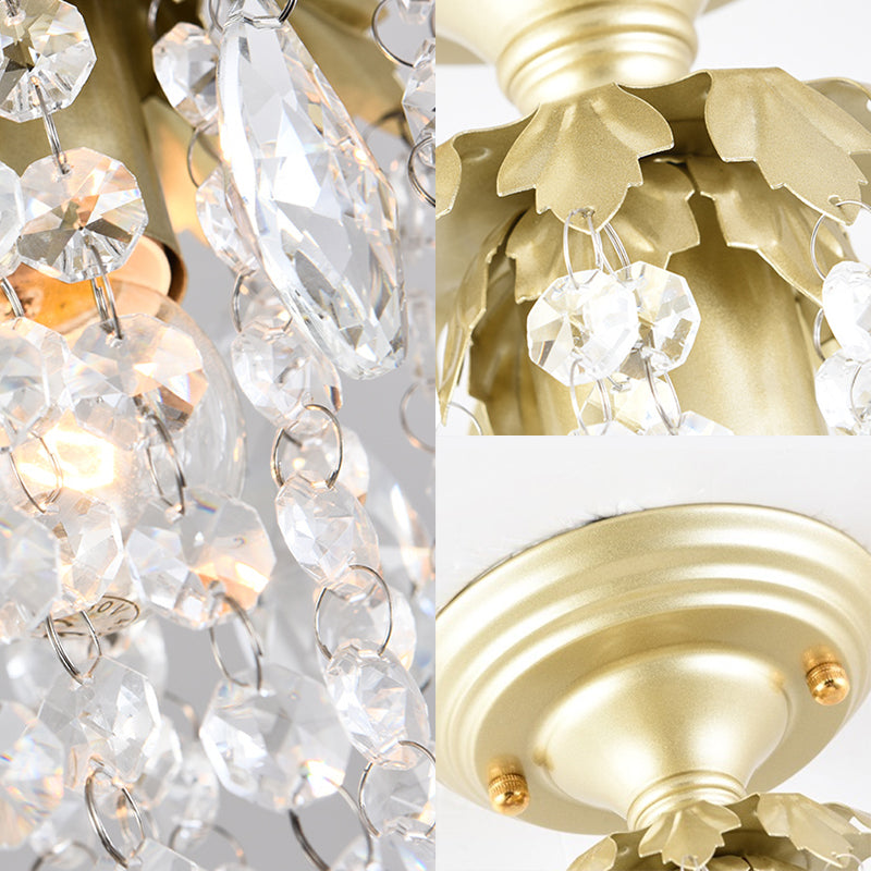Brass Finish Mini Ceiling Light Modern Metal 1 Light Semi-Flush Light with Crystal Bead for Corridor