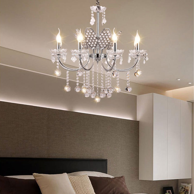 Silberner Kronleuchter, Vintage-Deckenlampe aus Metall mit 3/5 Köpfen, Dekoration mit Kerze und Kristallkugel