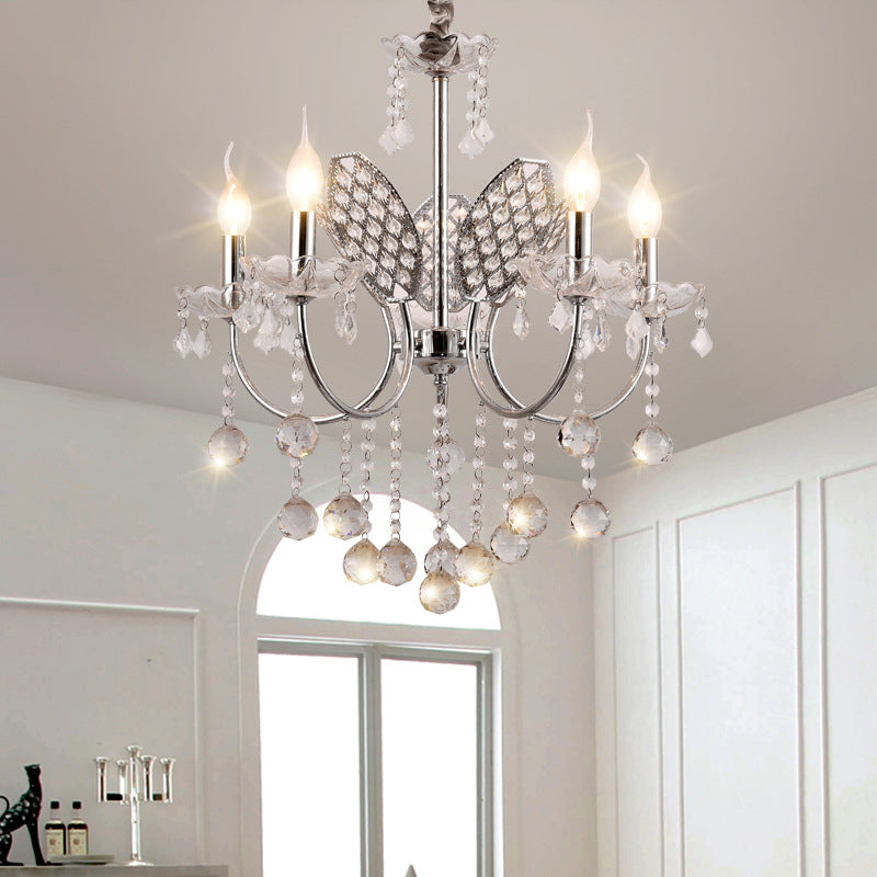 Silberner Kronleuchter, Vintage-Deckenlampe aus Metall mit 3/5 Köpfen, Dekoration mit Kerze und Kristallkugel
