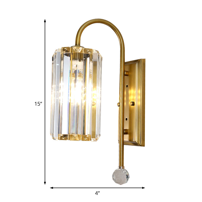 Cylindrical Clear Crystal Wall Light Vintage 1/2-Bulb Wall Sconce Light with Metal Gooseneck Arm in Gold