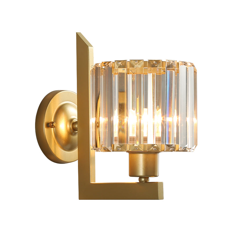 Klare Kristalltrommelwandleuchte zeitgenössische Schwarz/Gold 1 Lichtwandlampe mit Metallarm für Schlafzimmer