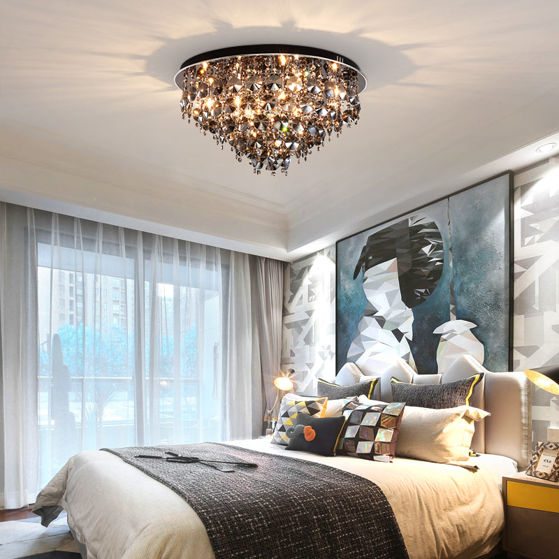 Smoke Gray Tiered Flush Mount Light with Crystal Bead Vintage Warm/White Lighting LED Ceiling Lamp, 16"/23.5" W