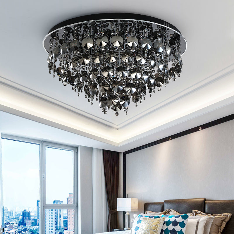 Smoke Gray Tiered Flush Mount Light with Crystal Bead Vintage Warm/White Lighting LED Ceiling Lamp, 16"/23.5" W