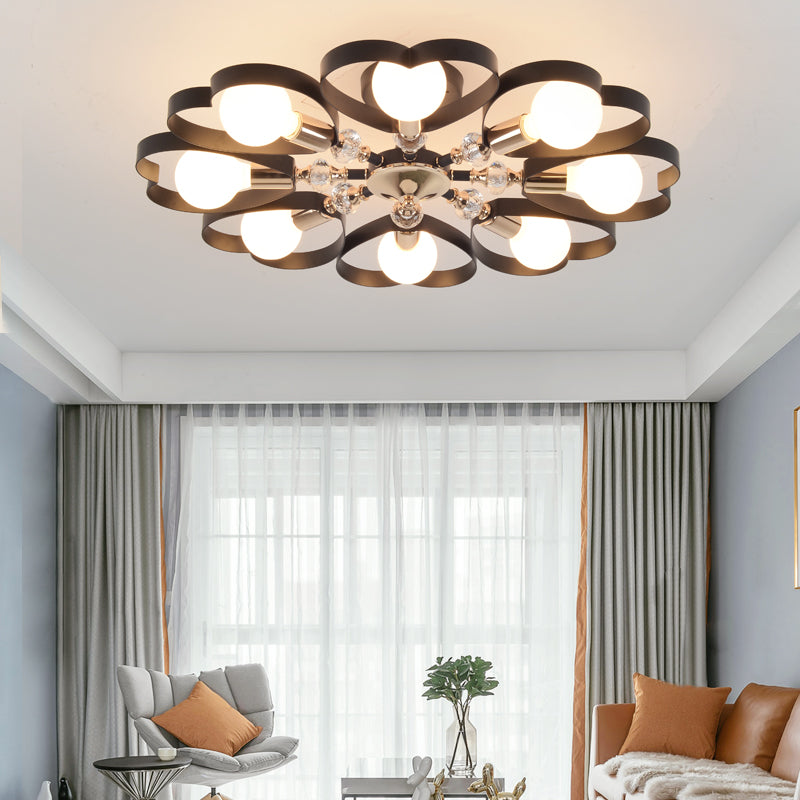 3/6 Heads Heart Shade Semi Flush Mount Light Modern Metal Ceiling Lamp with Clear Crystal Ball in Black