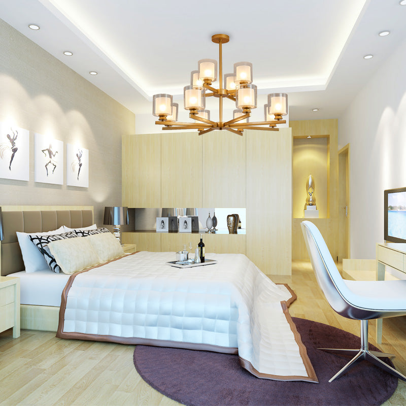 Cylindre à 2 niveaux Chandelier en verre blanc avec design radial moderniste 12 lumières noir / or / sliver suspendu luminaire