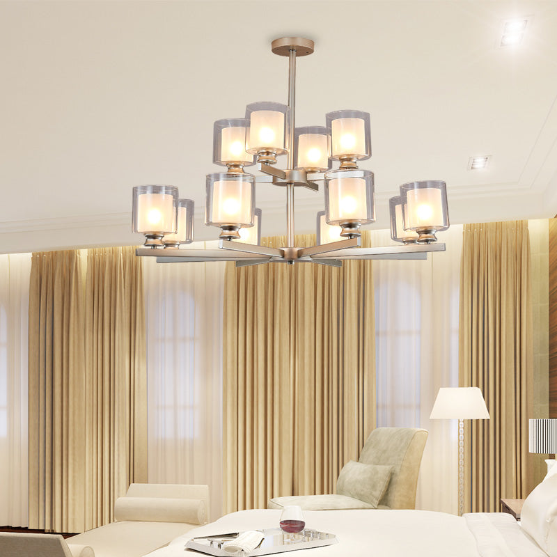 2-Tier-Zylinder weißer Glaskronleuchter mit radialem Design modernistischer 12 Lichter Schwarz/Gold/Splitter hängende Leuchte
