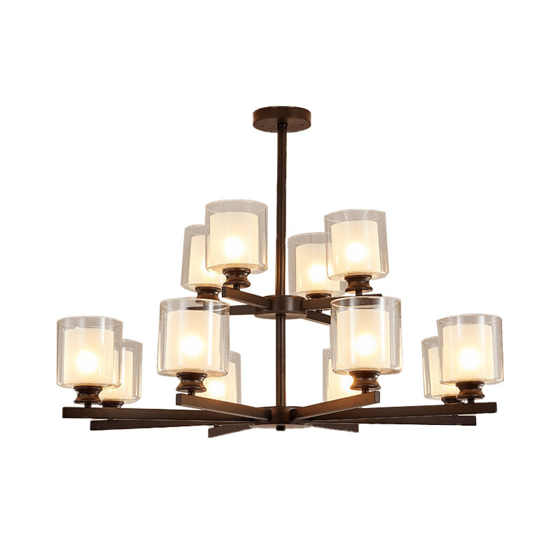 2-Tier-Zylinder weißer Glaskronleuchter mit radialem Design modernistischer 12 Lichter Schwarz/Gold/Splitter hängende Leuchte