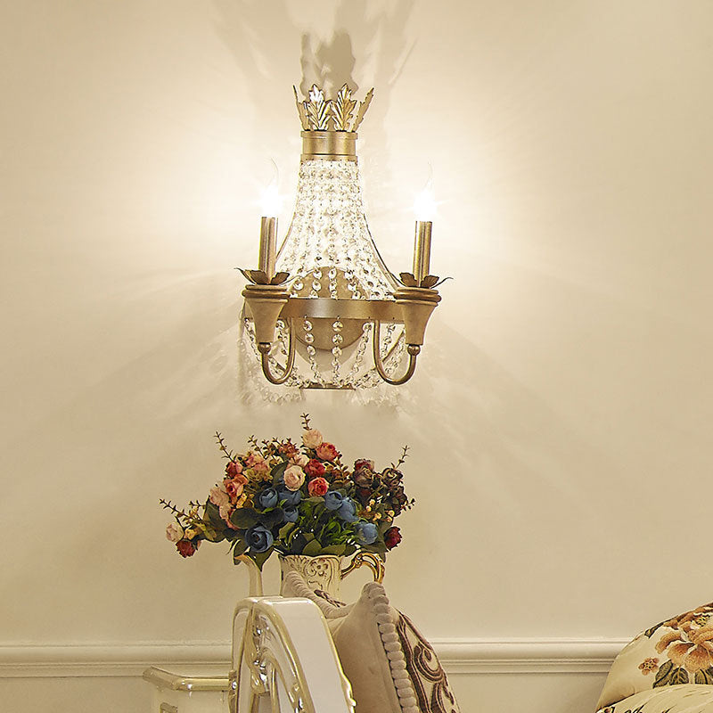2 lichten Empire Wall Light Vintage Style Metalen wandlamp met heldere kristallen kraal in champagne -afwerking