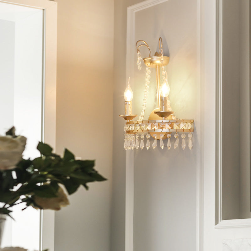 Metallic exponierte Wandleuchte mit Kristalldekoration Vintage 2 Lichter Wandlampe in Gold für den Flur