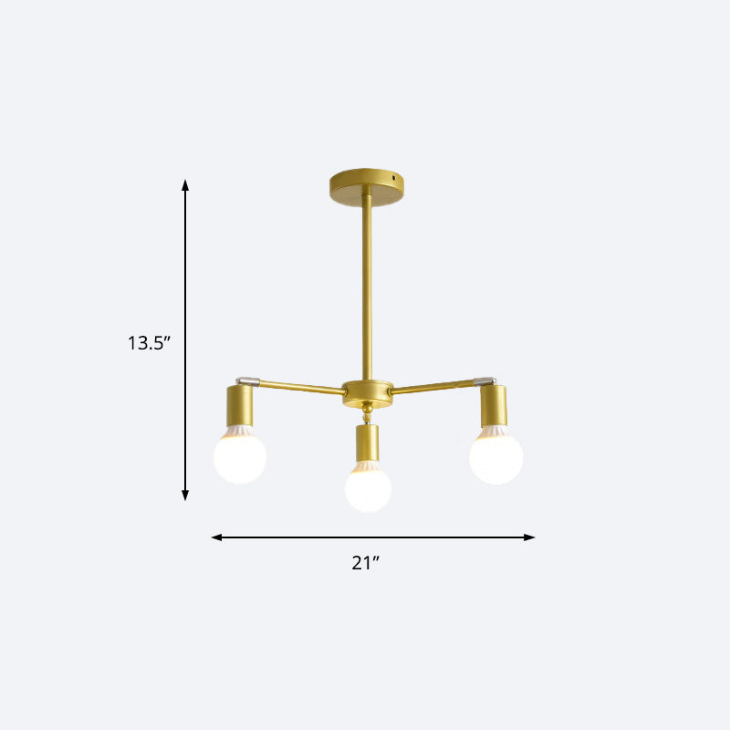 Moderne radiale metalen kroonluchter 3/4/6 lichten hangend plafondlicht in goud voor slaapkamer met kale lamp