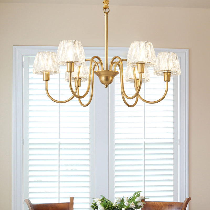 Brushed Brass Cone Hanging Ceiling Light Modern Crystal 3/6/8 Lights Suspension Light with Curved Arm