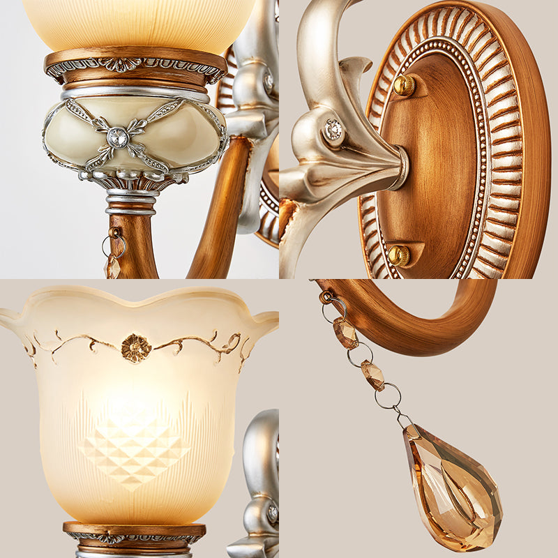 Lodge Style Flower Wall Lamp Frosted Glass 1/2-Bulb Sconce Lighting with Teardrop Crystal Deco and Metal Arm in Gold